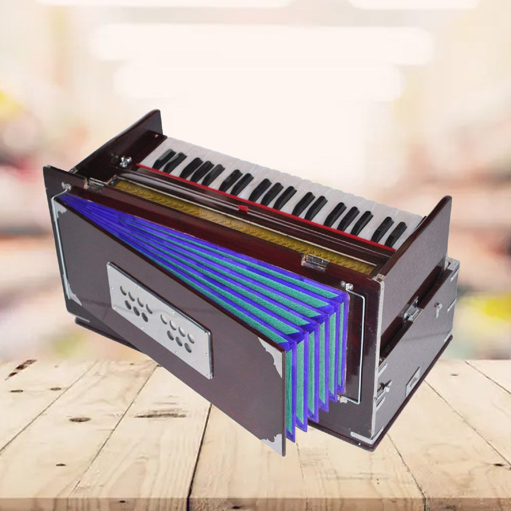 Binas Safri Harmonium- 3½ Octave Portable, Traveler, Baja, 9 Stops (4 Drone), Two Set Reed- Bass/Male, Dark Color, Gig Bag, Tuning: 440 Hz, Suitable for Yoga, Bhajan, Kirtan, Mantra,Hand Pumped etc