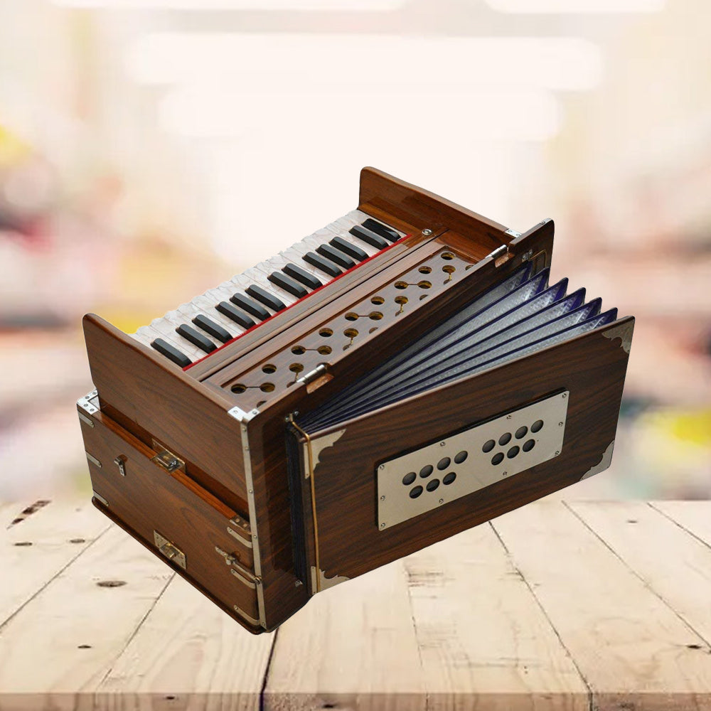 Binas Harmonium Traveler/Hand Pumped Portable/Folding 4 Stops- 5 Main & 4 Drones, 3½ Octaves, Teak Color, Coupler, Gig Bag, Bass-Male Reed - 440 Hz, Suitable for Yoga, Bhajan, Kirtan, etc