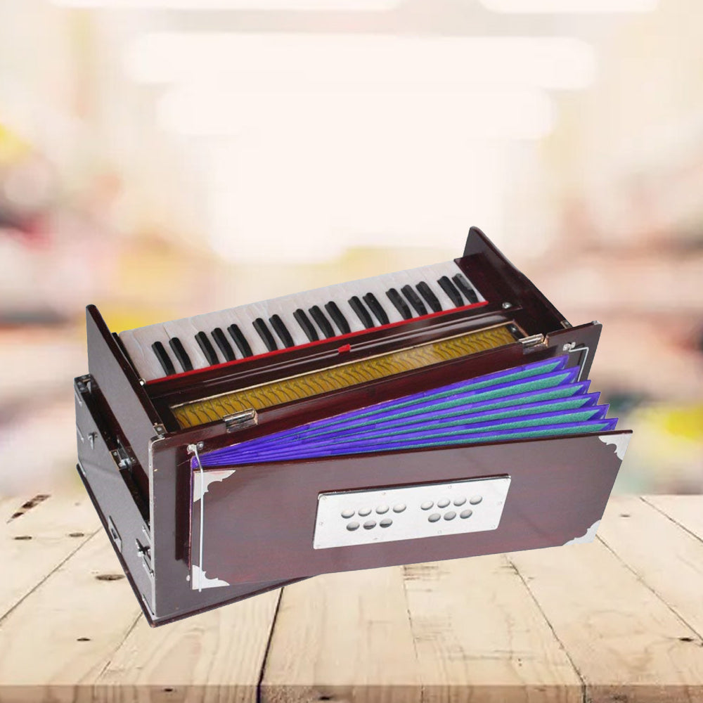 Binas Safri Harmonium- 3½ Octave Portable, Traveler, Baja, 9 Stops (4 Drone), Two Set Reed- Bass/Male, Dark Color, Gig Bag, Tuning: 440 Hz, Suitable for Yoga, Bhajan, Kirtan, Mantra,Hand Pumped etc