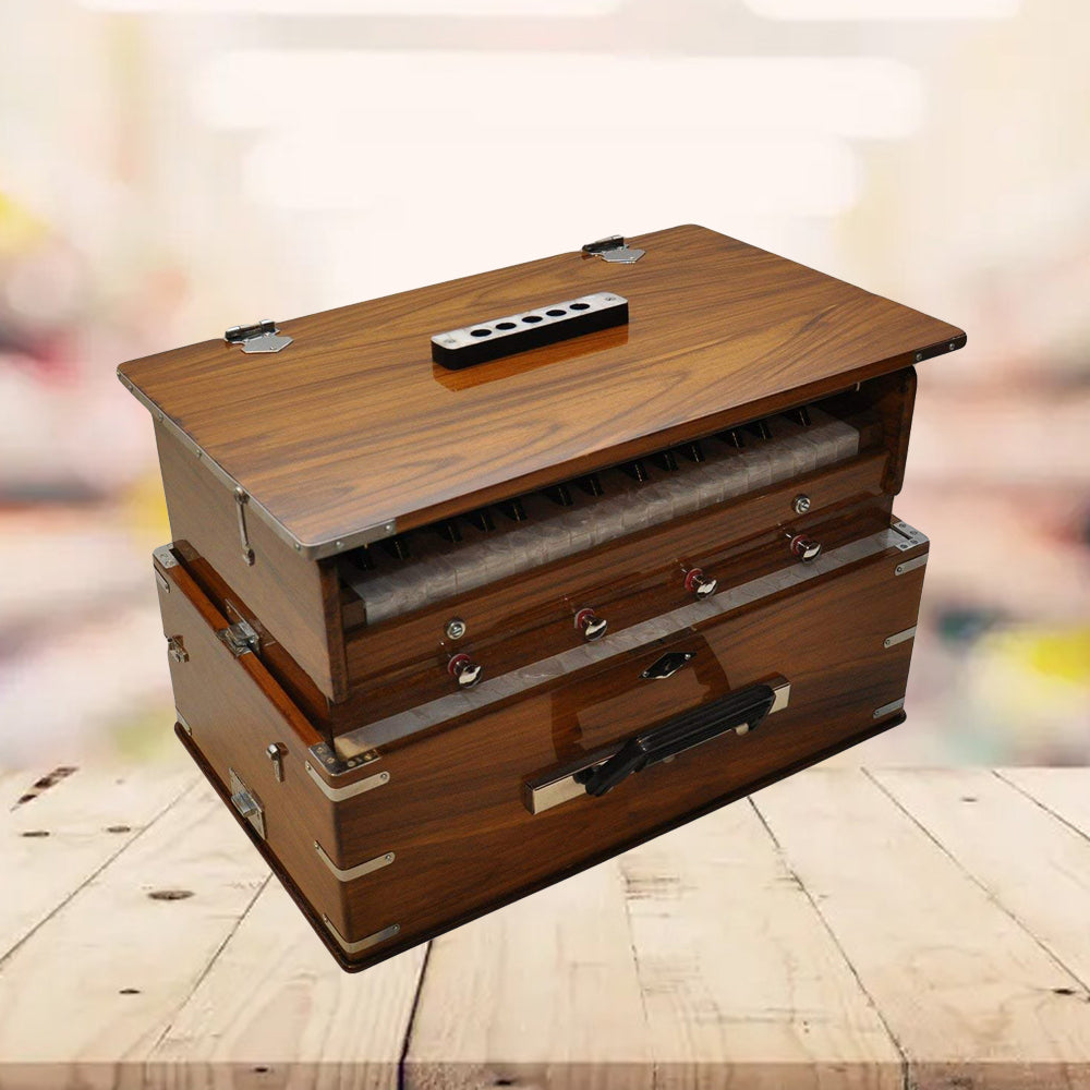 Binas Harmonium Traveler/Hand Pumped Portable/Folding 4 Stops- 5 Main & 4 Drones, 3½ Octaves, Teak Color, Coupler, Gig Bag, Bass-Male Reed - 440 Hz, Suitable for Yoga, Bhajan, Kirtan, etc