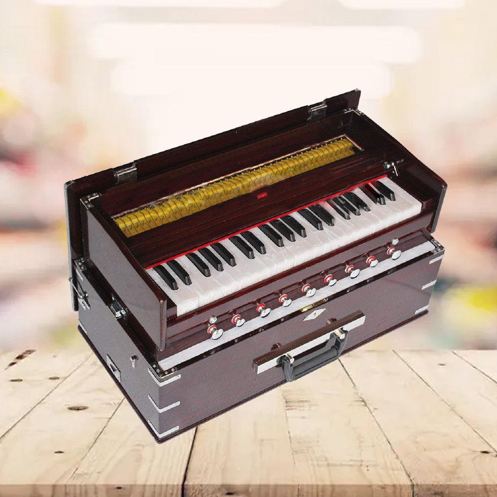 Binas Safri Harmonium- 3½ Octave Portable, Traveler, Baja, 9 Stops (4 Drone), Two Set Reed- Bass/Male, Dark Color, Gig Bag, Tuning: 440 Hz, Suitable for Yoga, Bhajan, Kirtan, Mantra,Hand Pumped etc