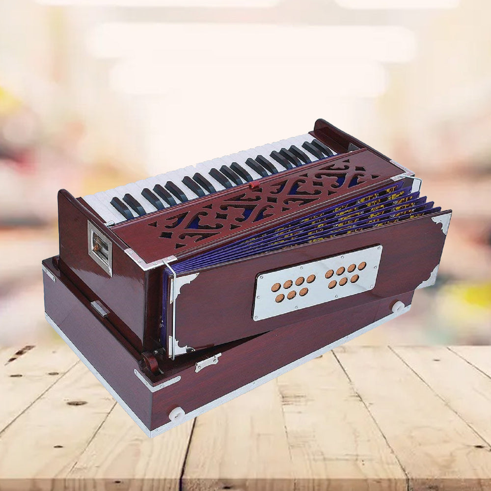 Binas Harmonium Traveler/Portable/Folding Type 9 Stops- 5 Main & 4 Drones, 3½ Octaves, Coupler, Dark Cherry Colour, Gig Bag, Bass-Male Reed -440Hz, Suitable for Yoga, Bhajan, Kirtan Hand Pumped