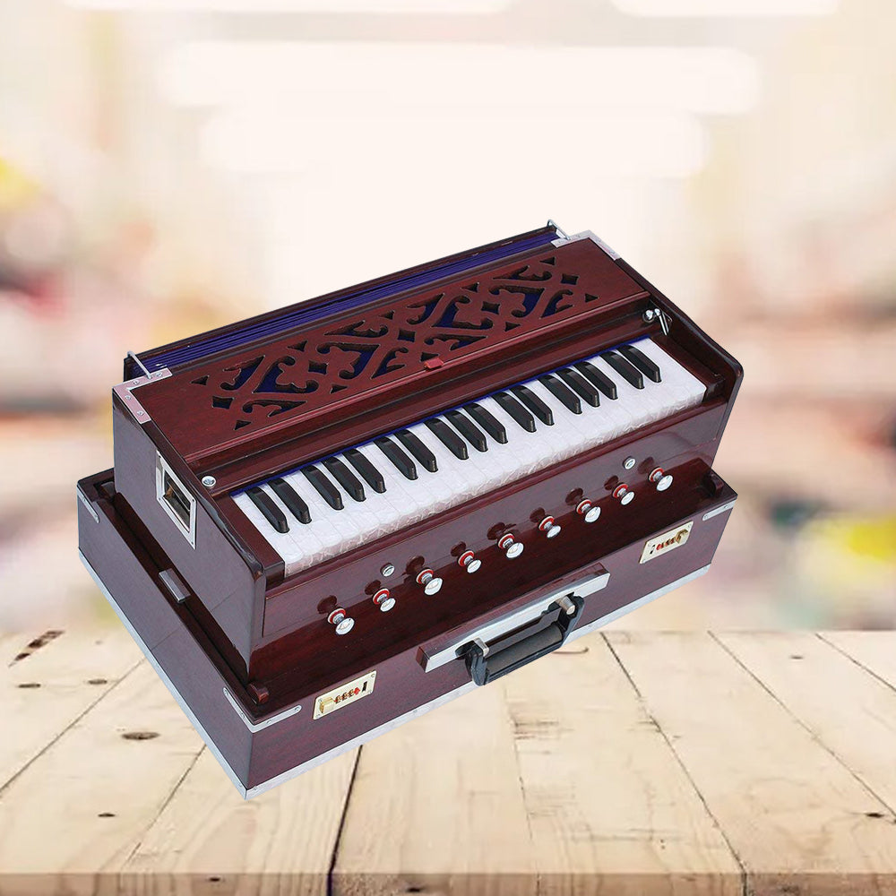 Binas Harmonium Traveler/Portable/Folding Type 9 Stops- 5 Main & 4 Drones, 3½ Octaves, Coupler, Dark Cherry Colour, Gig Bag, Bass-Male Reed -440Hz, Suitable for Yoga, Bhajan, Kirtan Hand Pumped