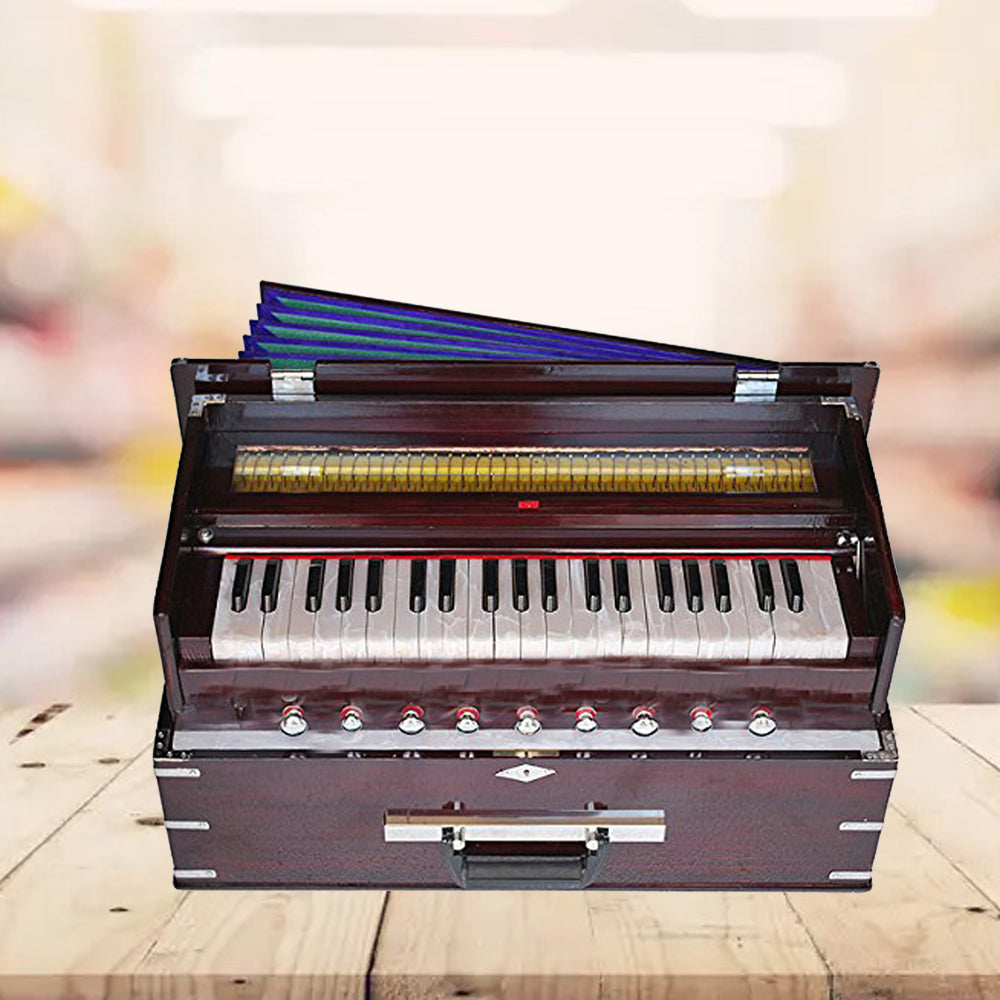 Binas Safri Harmonium- 3½ Octave Portable, Traveler, Baja, 9 Stops (4 Drone), Two Set Reed- Bass/Male, Dark Color, Gig Bag, Tuning: 440 Hz, Suitable for Yoga, Bhajan, Kirtan, Mantra,Hand Pumped etc