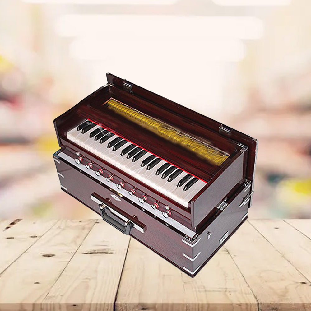 Binas Safri Harmonium- 3½ Octave Portable, Traveler, Baja, 9 Stops (4 Drone), Two Set Reed- Bass/Male, Dark Color, Gig Bag, Tuning: 440 Hz, Suitable for Yoga, Bhajan, Kirtan, Mantra,Hand Pumped etc