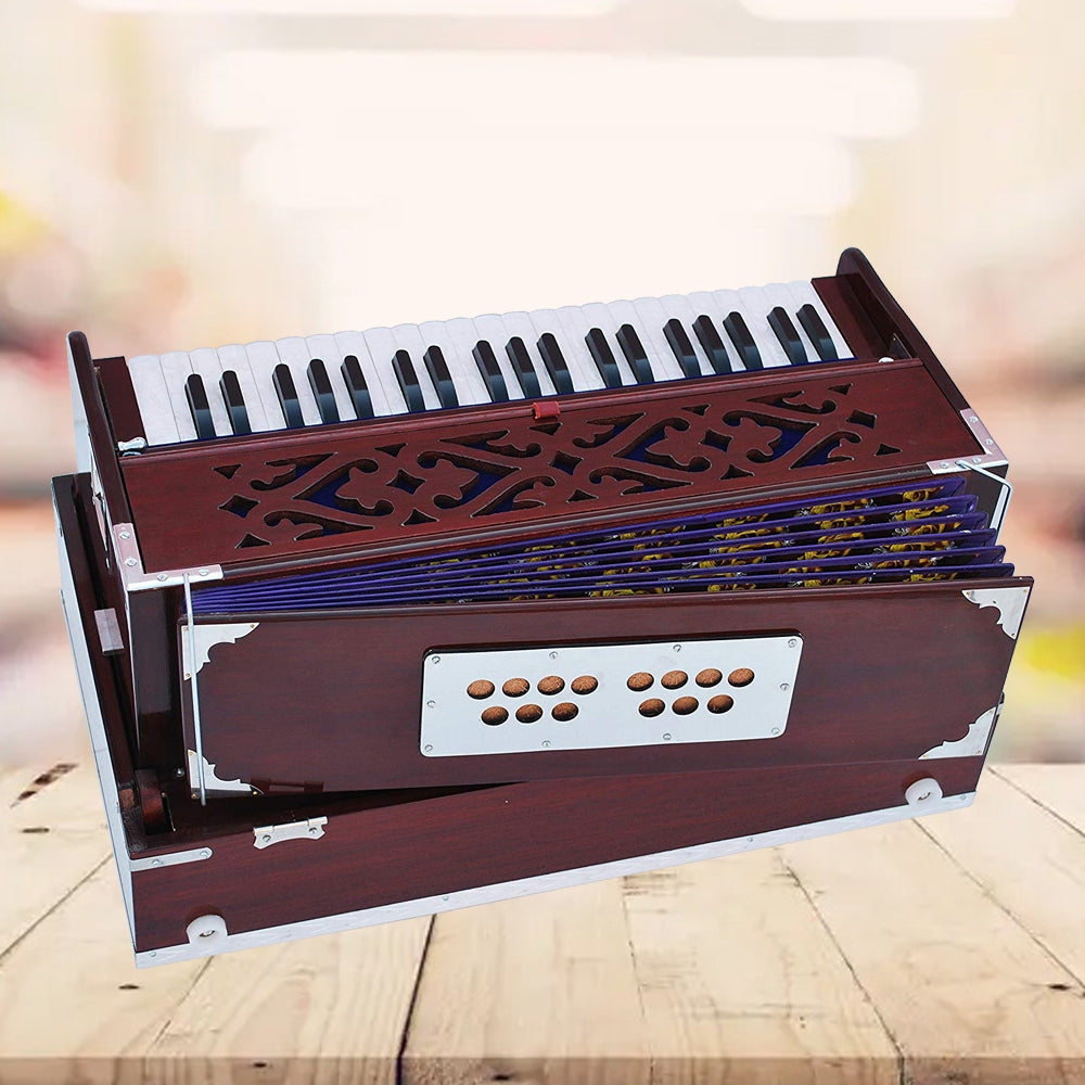 Binas Harmonium Traveler/Portable/Folding Type 9 Stops- 5 Main & 4 Drones, 3½ Octaves, Coupler, Dark Cherry Colour, Gig Bag, Bass-Male Reed -440Hz, Suitable for Yoga, Bhajan, Kirtan Hand Pumped