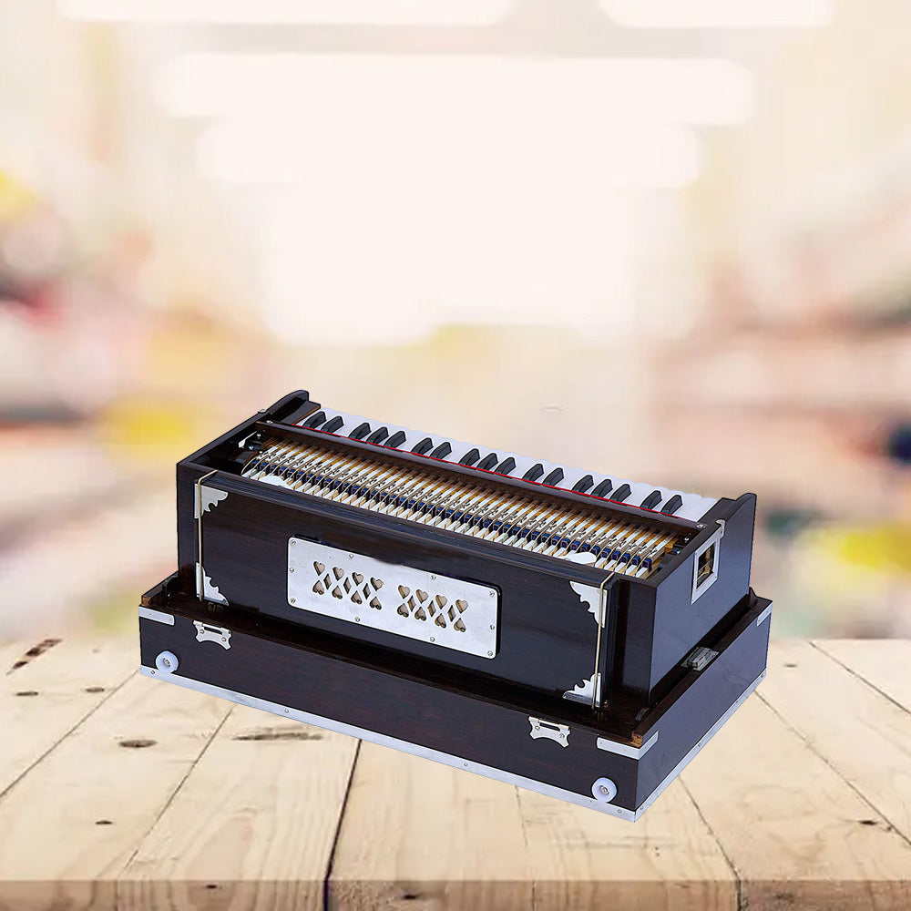 Binas Harmonium Traveler/Portable/Folding 9 Stops- 5 Main & 4 Drones, 3½ Octaves, Teak Color, Coupler, Gig Bag, Bass-Male Reed - 440 Hz, Suitable for Yoga, Bhajan, Kirtan, etc