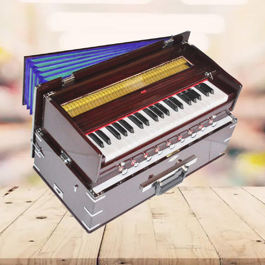 Binas Safri Harmonium- 3½ Octave Portable, Traveler, Baja, 9 Stops (4 Drone), Two Set Reed- Bass/Male, Dark Color, Gig Bag, Tuning: 440 Hz, Suitable for Yoga, Bhajan, Kirtan, Mantra,Hand Pumped etc